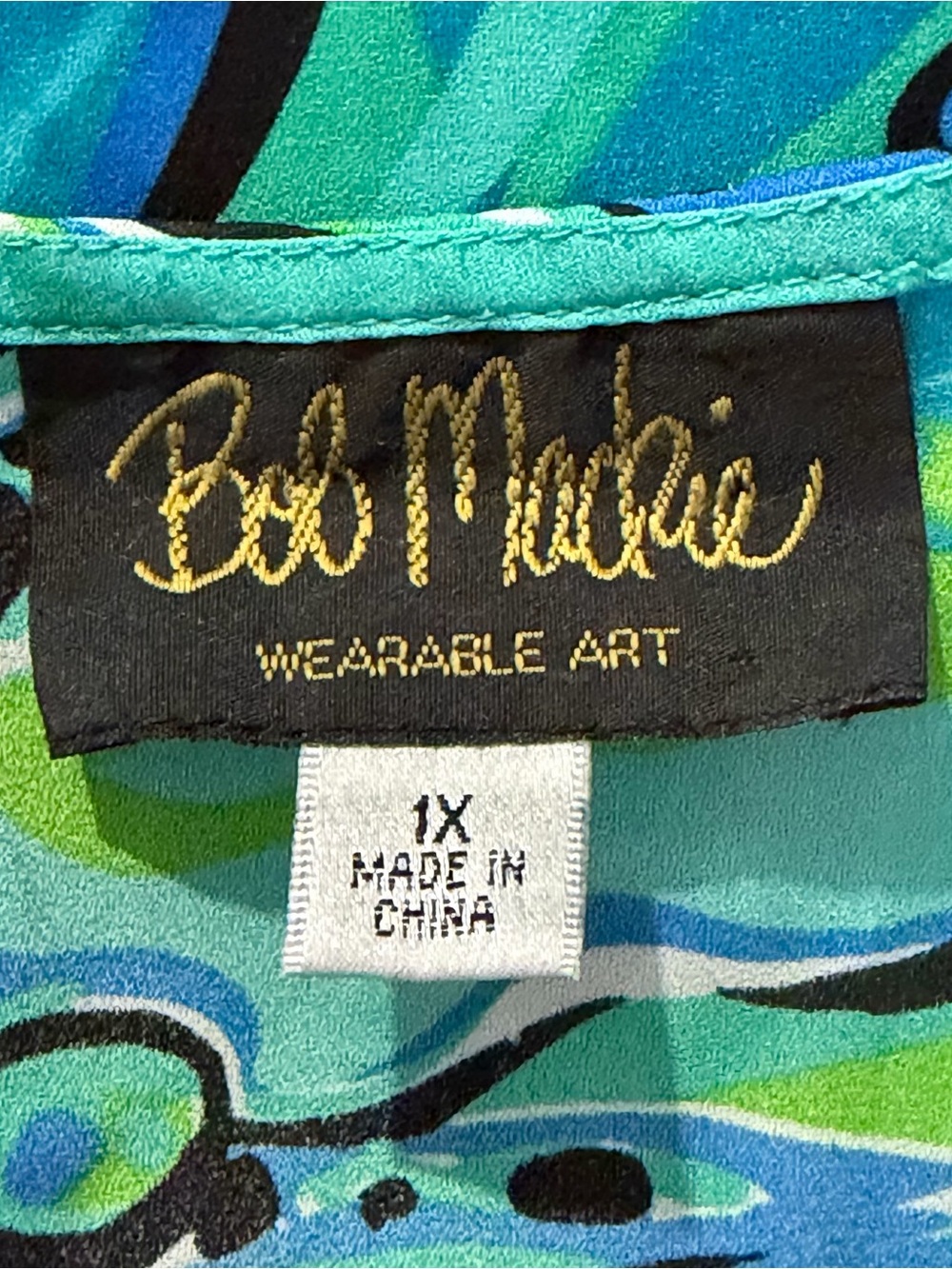 Bob Mackie Womens 1X Kimono Sleeve Top Blue Teal Artsy Flowy Casual - Picture 3 of 5